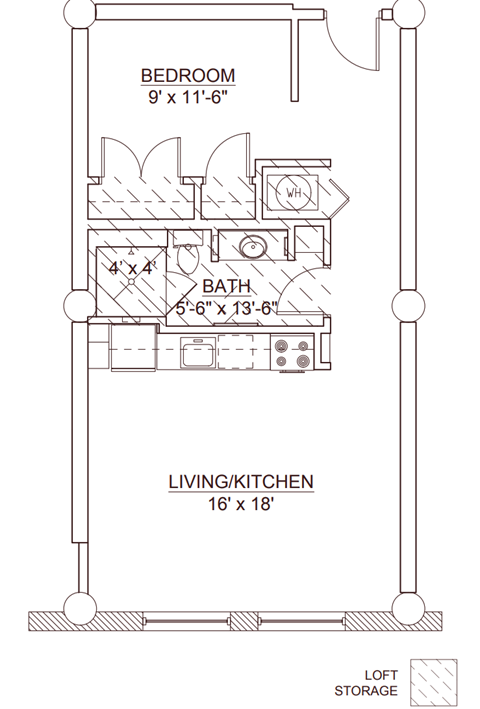 Floor plan for 1 bed, 1 bath, 604 sqft